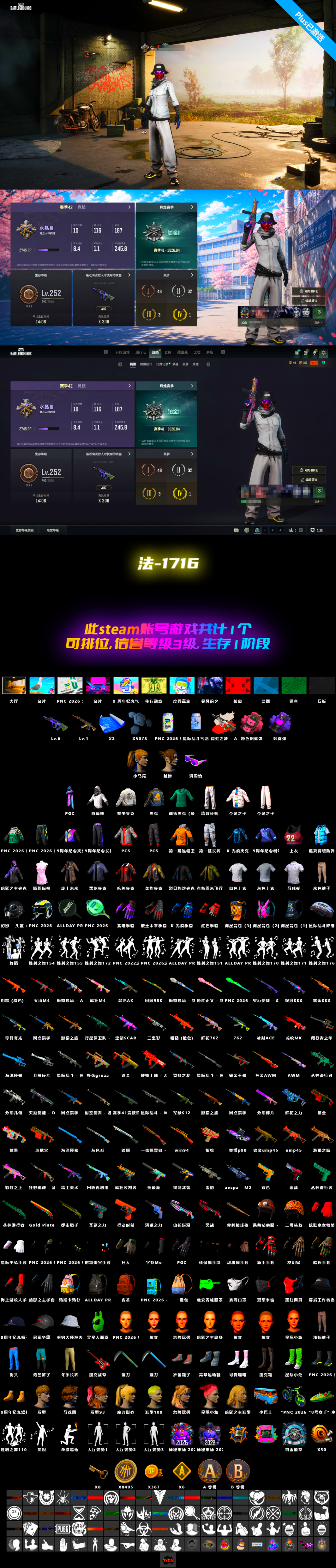 【法-1716】252级 信誉等级3 霓虹aug 6级 恶魔ace 异色aug 滑雪眼镜 烟雾弹粉紫